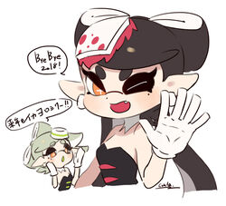  +_+ 2girls ;d bare_shoulders black_hair callie_(splatoon) commentary_request coula_cat cousins detached_collar earrings food food_on_head gloves grey_hair hair_rings hand_up hands_up inkling jewelry looking_at_viewer marie_(splatoon) mole mole_under_eye multiple_girls object_on_head oerba_yun_fang one_eye_closed open_mouth orange_eyes pointy_ears short_hair simple_background smile solo_focus splatoon_(series) splatoon_1 strapless symbol-shaped_pupils translated upper_body white_background white_gloves 