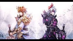  2boys argyle_background armor artist_name black_armor black_gloves brown_eyes brown_gloves brown_hair commentary_request crown dark_lord_kasel_(king&#039;s_raid) frown gem gloves grey_background grey_hair highres holding holding_sword holding_weapon horns kasel_(king&#039;s_raid) king&#039;s_raid letterboxed male_focus multiple_boys photoshop_(medium) purple_eyes standing sword vayreceane weapon 