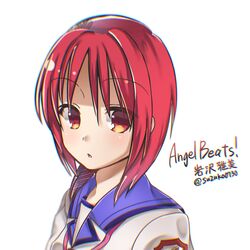  angel_beats! commentary_request female from_side girls_dead_monster hair_between_eyes highres iwasawa_masami looking_at_viewer looking_to_the_side open_mouth red_eyes red_hair ribbon school_uniform serafuku shinda_sekai_sensen_uniform shirt short_hair simple_background solo translated upper_body white_background white_shirt zuzuhashi 