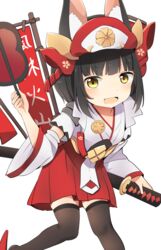  alternate_costume animal_ear_fluff animal_ears azur_lane banner black_hair black_thighhighs commentary_request female fox_ears helmet highres japanese_clothes katana looking_at_viewer mutsu_(azur_lane) mutsu_(warring_states_warship)_(azur_lane) open_mouth sheath sheathed short_hair simple_background solo sword thighhighs tonari_(ichinichime_azuma) weapon white_background yellow_eyes 