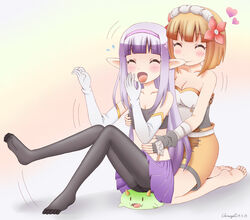  2girls biting black_legwear blonde_hair blush breasts chibi_dragon cleavage closed_eyes collarbone commentary_request ear_biting elbow_gloves elf elnowar_seylan endro! fai_fai flower gloves gradient_background hair_flower hair_ornament hairband large_breasts multiple_girls open_mouth orange_background pantyhose photoshop_(medium) pointy_ears purple_hair short_hair simple_background skirt small_breasts smile variangel white_gloves yuri 