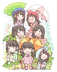  6+girls :d ^_^ akb48 beret black_eyes blue_coat blue_flower blue_footwear blue_headwear blue_neckwear blush boots buttons chibi closed_eyes coat commentary double-breasted flower green_footwear green_neckwear grin group_name hands_on_own_knees hat head_rest highres hkt48 holding holding_leaf holding_umbrella hood hood_down hood_up hydrangea kawamoto_saya knees_up leaf leaf_umbrella long_hair long_sleeves mole mole_above_mouth morning_glory mukaichi_mion multiple_girls murayama_yuiri necktie o_o oerba_yun_fang oowada_nana open_mouth orange_coat orange_footwear orange_necktie outdoors petals pink_coat pink_flower pink_footwear pink_necktie polka_dot_footwear ponytail purple_coat raincoat real_life red_coat red_footwear red_headwear red_necktie rubber_boots sitting smile snail standing tanaka_miku taneda_yuuta taniguchi_megu twintails umbrella water_drop yabuki_nako yellow_raincoat 