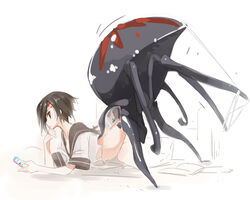  aka_ume black_hair cellphone female female hair_over_one_eye insect_girl lying monster_girl multitasking on_stomach original phone silk solo spider_girl 