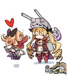  2girls abercrombie_(azur_lane) anchor azur_lane blonde_hair bow box cannon cardboard_box chibi closed_eyes commentary_request drill_hair hair_ribbon hairbow heart jumping long_hair military military_uniform mota multiple_girls nelson_(azur_lane) ribbon simple_background twin_drills uniform white_background 