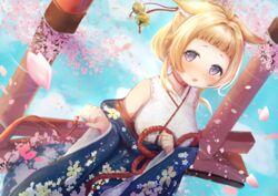  animal_ear_fluff animal_ears ariake_(azur_lane) azur_lane bell blush breasts cherry_blossoms clenched_hands commentary_request dutch_angle female hair_ornament highres inushida_(dogsheepsheep) japanese_clothes jingle_bell looking_at_viewer oerba_yun_fang petals purple_eyes reflection short_hair solo string string_of_fate torii 