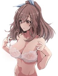  bad_id bad_twitter_id blush bow bra breasts brown_eyes brown_hair cleavage collarbone commentary_request female idolmaster idolmaster_shiny_colors lace large_breasts lingerie long_hair navel simple_background solo tsukioka_kogane underwear upanishi_mariko white_background white_bra 