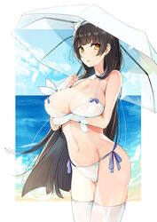  arm_under_breasts bare_shoulders bikini black_hair blue_sky blunt_bangs blush breast_hold breasts bridal_gauntlets collarbone commentary day female flower girls&#039;_frontline hair_flower hair_ornament hairband hip_focus large_breasts long_hair looking_at_viewer luse_maonang navel ocean official_alternate_costume open_mouth photoshop_(medium) ribbon side-tie_bikini_bottom sky solo swimsuit thighhighs thighs type_95_(girls&#039;_frontline) type_95_(summer_cicada)_(girls&#039;_frontline) umbrella white_bikini white_hairband white_thighhighs wrist_ribbon yellow_eyes 