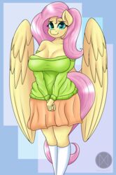  2018 5_fingers absurd_res anthro anthrofied big_breasts blue_background bottomwear breasts clothed clothing conditional_dnp equid equine eyebrows eyelashes feathered_wings feathers female fingers fluttershy_(mlp) footwear friendship_is_magic fully_clothed hair hasbro hi_res legwear long_hair looking_at_viewer mammal my_little_pony mythological_creature mythological_equine mythology nexcoyotlgt pegasus pink_hair portrait simple_background skirt smile socks solo sweater teal_eyes topwear wings yellow_body yellow_feathers 