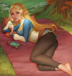  barefoot blanket blonde_hair blue_eyes daria_leonova female pillow princess_zelda rice_ball sheikah_slate 