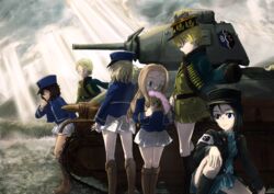  6+girls andou_(girls_und_panzer) armband asparagus_(girls_und_panzer) bc_freedom_(emblem) bc_freedom_military_uniform black_footwear black_hair black_hat blonde_hair blue_eyes blue_hat blue_jacket blue_vest boots bordeaux_(girls_und_panzer) braid brown_eyes brown_jacket brown_skirt caterpillar_tracks cloud commentary_request dark-skinned_female dark_skin day drill_hair emblem folding_fan from_behind from_side girls_und_panzer girls_und_panzer_ribbon_no_musha green_eyes hand_fan hand_on_own_knee hat highres holding jacket jacket_on_shoulders kepi knee_boots leaning_forward light_smile long_hair long_sleeves looking_at_viewer looking_to_the_side marie_(girls_und_panzer) medium_hair messy_hair military military_hat military_uniform military_vehicle miniskirt motor_vehicle moules_(girls_und_panzer) multiple_girls omikuji_(6954) on_one_knee oshida_(girls_und_panzer) outdoors pleated_skirt s35 short_hair skirt sky standing sunlight tank tied_hair tree twin_braids uniform vest white_skirt 