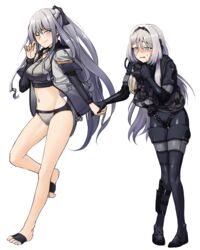  2girls ak-12_(age_of_slushies)_(girls&#039;_frontline) ak-12_(girls&#039;_frontline) alternate_costume alternate_hair_color an-94_(girls&#039;_frontline) an-94_(the_diving_bell_and_the_doll)_(girls&#039;_frontline) ankle_holster bikini black_ribbon blue_eyes blush bodysuit braid breasts closed_mouth combat_knife commentary_request diving_mask diving_suit embarrassed french_braid frogman full_body girls&#039;_frontline goggles grey_hair grey_jacket groin hairband hand_up highres holding holding_goggles holding_hands jacket knees_together_feet_apart knife korean_commentary long_hair looking_at_viewer medium_breasts multiple_girls navel no_shoes official_alternate_costume one_eye_closed open_clothes open_jacket open_mouth purple_eyes rebreather ribbon scuba sd_bigpie sidelocks silver_bikini simple_background smile standing stomach sweat swimsuit very_long_hair wavy_mouth weapon wetsuit white_background 