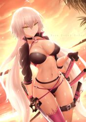  ass_visible_through_thighs beach bikini breasts bu_li choker cleavage collarbone commentary dutch_angle fate/grand_order fate_(series) female gloves halterneck jeanne_d&#039;arc_alter_(fate) jeanne_d&#039;arc_alter_(swimsuit_berserker)_(fate) katana long_hair ocean outdoors serious shrug_(clothing) skindentation sky solo standing swimsuit sword thigh_gap very_long_hair weapon yellow_eyes 