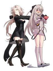  2girls ahoge aug_(girls&#039;_frontline) black_bow black_dress black_gloves black_jacket black_legwear black_ribbon blush boots bow box breasts cleavage collarbone collared_jacket commentary_request covered_navel cropped_jacket dress embarrassed flower frilled_sleeves frills full_body gift girls&#039;_frontline gloves hair_between_eyes hair_flower hair_ornament hair_over_one_eye hair_ribbon hairclip heart heart-shaped_box highres holding holding_gift iws_2000_(girls&#039;_frontline) jacket kneehighs korean_commentary large_breasts loafers long_hair looking_at_viewer low_ponytail mid-stride military military_uniform mole mole_under_eye multiple_girls open_clothes open_jacket open_mouth orange_eyes pleated_skirt pushing red_eyes ribbon sd_bigpie shirt shoes sidelocks simple_background skirt sliding socks sweat thigh_boots thighhighs thighs uniform walking wavy_mouth white_background white_footwear white_hair white_jacket zettai_ryouiki 