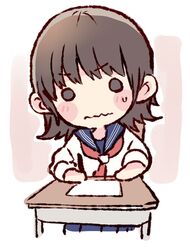  akb48 black_eyes blush brown_hair chibi commentary_request desk female kizaki_yuria long_hair neckerchief o_o paper real_life red_neckerchief school_desk school_uniform serafuku sitting sleeves_rolled_up solo sweatdrop taneda_yuuta wavy_mouth 