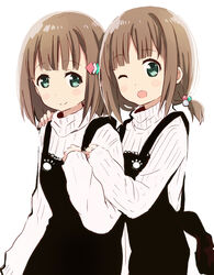  2girls ;d abe_kanari alternate_costume apron black_apron brown_hair commentary_request green_eyes hair_ornament high_school_fleet kinesaki_akane kinesaki_homare looking_at_viewer low_twintails multiple_girls one_eye_closed open_mouth photoshop_(medium) ribbed_sweater short_hair simple_background smile sweater turtleneck turtleneck_sweater twintails upper_body white_background white_sweater 