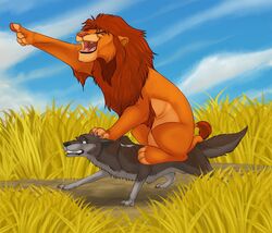  2015 ambiguous_gender black_nose canid canine canis claws closed_eyes day detailed_background disney duo felid feral fur gesture grey_body grey_fur hand_gesture humor lion malaika4 male mammal mane nature nazi nazi_salute open_mouth outside pantherine pointing riding simba_(the_lion_king) smile teeth the_lion_king whiskers wolf 