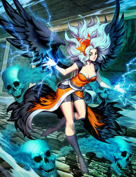  black_wings blue_hair breasts cleavage collarbone commentary commission electricity english_commentary female flower genzoman hair_flower hair_ornament large_breasts long_hair magic orange_eyes photoshop_(medium) rocbouquet_(saga) romancing_saga romancing_saga_2 saga skull smile solo wings 