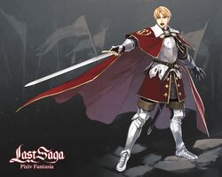  1boy :o armor banner belt blonde_hair cape chainmail commentary_request copyright_name full_body gauntlets gold_trim green_eyes grey_background highres holding holding_sword holding_weapon laurel_knight_sylvester looking_at_viewer male_focus pixiv_fantasia pixiv_fantasia_last_saga red_cape sankyou sheath solo standing sword weapon 