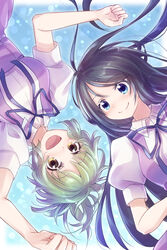  2girls :d amanchu! aqua_hair black_hair blue_eyes closed_mouth commentary_request friends green_hair highres kohinata_hikari long_hair looking_at_viewer multiple_girls nyaa_(nnekoron) ooki_futaba open_mouth puffy_short_sleeves puffy_sleeves ribbon school_uniform short_hair short_sleeves smile upside-down yellow_eyes 