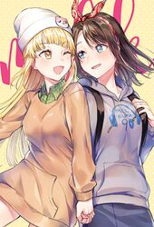  2girls :d ;d backpack bag bandana bang_dream! beanie blonde_hair blue_eyes blush brown_shirt character_hat_ornament clothes_writing commentary_request green_shirt grey_hoodie hair_ribbon hat holding_hands holding_strap hood hood_down hoodie long_hair long_sleeves looking_at_another medium_hair michelle_(bang_dream!) multiple_girls okusawa_misaki one_eye_closed open_mouth plaid plaid_shirt polka_dot red_bandana ribbon shirt sidelocks smile sweater tiny_(tini3030) tsurumaki_kokoro white_headwear yellow_background yellow_eyes yuri 