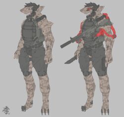  2018 5_fingers anthro armor belt black_hair buckle camo claws clothing cybernetics cyberpunk cyborg digital_media_(artwork) discardingsabot equipment fin fingers fish glowing glowing_eyes grey_background gun hair handgun hi_res hk416 knife machine male marine melee_weapon metal muscular muscular_anthro muscular_male obokhan open_mouth pistol ranged_weapon red_eyes requiem_shark rifle sabot_sauer scalie science_fiction shark simple_background solo sss-x99 standing teeth tiger_shark topwear trigger_discipline vest weapon 