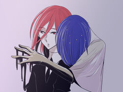  2others androgynous ayahashi_(yaimu333) blue_hair cinnabar_(houseki_no_kuni) commentary_request gem_uniform_(houseki_no_kuni) golden_arms hair_between_eyes head_on_another&#039;s_shoulder houseki_no_kuni multiple_others necktie other_focus phosphophyllite phosphophyllite_(ll) red_eyes red_hair see-through short_hair spoilers upper_body 