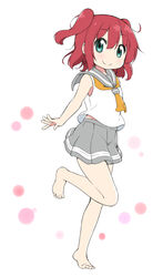  aqua_eyes barefoot commentary_request female full_body grey_sailor_collar grey_skirt kurosawa_ruby looking_at_viewer love_live! love_live!_sunshine!! medium_hair miniskirt miyako_hito neckerchief photoshop_(medium) red_hair sailor_collar school_uniform serafuku shirt simple_background skirt sleeveless sleeveless_shirt smile solo standing standing_on_one_leg tie_clip two_side_up uranohoshi_school_uniform yellow_neckerchief 