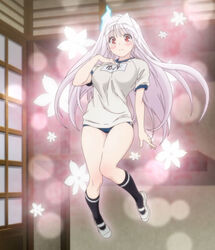  albino anime_screenshot arm_at_side black_socks blue_buruma blurry blush bokeh breasts buruma character_name closed_mouth depth_of_field embarrassed female floating floating_hair flower frown full_body ghost glowing glowing_flower gym_shirt gym_uniform hand_on_own_chest highres indoors kneehighs knees_together_feet_apart large_breasts legs_together long_hair name_tag red_eyes shelf shirt shoes short_sleeves shouji single_horizontal_stripe sliding_doors socks solo stitched thigh_gap thighs third-party_edit triangular_headpiece uwabaki very_long_hair white_flower white_footwear white_hair white_shirt wide-eyed yunohana_yuuna yuragisou_no_yuuna-san 