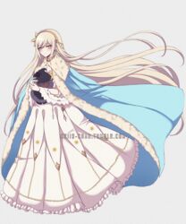  anastasia_(fate) anastasia_(fate)_(cosplay) blue_cape cape commentary cosplay criis-chan crossover danganronpa_(series) danganronpa_2:_goodbye_despair dress fate/grand_order fate_(series) female flower hair_flower hair_ornament headgear holding long_dress long_hair long_sleeves simple_background solo sonia_nevermind tumblr_username very_long_hair watermark web_address white_dress wide_sleeves yellow_eyes yellow_flower 