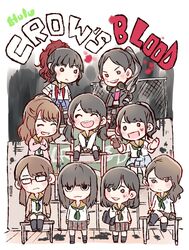  &gt;:( 6+girls :d ^_^ akb48 arms_at_sides bag between_legs black-framed_eyewear black_bag black_eyes black_footwear black_hair black_jacket black_socks blood blood_splatter blue_cardigan blush blush_stickers brown_cardigan brown_hair cardigan cardigan_around_waist chalkboard chibi classroom closed_eyes closed_mouth clothes_around_waist colored_text_highlight commentary copyright_name crop_top crossed_arms desk earrings facing_another facing_viewer frown glasses green_neckerchief grey_hair grey_skirt grin group_picture half_updo hand_between_legs headphones headphones_around_neck highres holding iriyama_anna jacket jewelry kashiwagi_yuki katou_rena kizaki_yuria kneehighs locker long_hair long_sleeves looking_at_another looking_down looking_to_the_side matsui_jurina miyawaki_sakura mole mole_under_eye mukaichi_mion multicolored_clothes multicolored_hair multicolored_skirt multiple_girls neckerchief no_pupils no_sclera o_o on_desk on_floor opaque_glasses open_cardigan open_clothes open_mouth paint_splatter pink_cardigan plaid plaid_skirt pleated_skirt ponytail rectangular_eyewear red_hair red_neckerchief red_skirt sailor_collar school_bag school_desk school_uniform serafuku shirt shoulder_bag sidelocks sitting skirt smile socks solid_circle_pupils standing sweatdrop swept_bangs taneda_yuuta teeth twintails two-tone_hair undone_neckerchief upper_teeth_only v-shaped_eyebrows v_arms watanabe_mayu wavy_mouth white_shirt white_skirt yellow_sailor_collar yokoyama_yui 