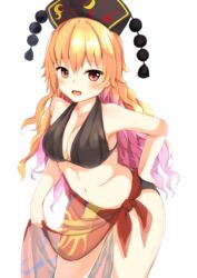  :o adapted_costume bikini black_bikini bluekalmia blush breasts cleavage clothes_lift collarbone commentary_request cowboy_shot curly_hair female hair_between_eyes hand_on_own_ass hat junko_(touhou) leaning_forward lifting_own_clothes long_hair looking_at_viewer medium_breasts multicolored_hair navel orange_hair pom_pom_(clothes) purple_hair red_eyes sarong sarong_lift see-through side-tie_skirt simple_background skirt_hold solo swimsuit touhou very_long_hair white_background 