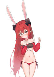  aak animal_ears ass_visible_through_thighs bad_id bad_pixiv_id bandeau bare_shoulders black_bandeau black_bow blush bow brown_eyes closed_mouth collarbone cropped_legs detached_sleeves dungeon_and_fighter female groin hair_between_eyes hairbow hands_up highres jewelry long_hair long_sleeves mage_(dungeon_and_fighter) navel necklace panties pointy_ears puffy_long_sleeves puffy_sleeves rabbit_ears red_hair red_panties red_sleeves side-tie_panties simple_background solo thigh_gap underwear very_long_hair white_background working_slave_(character) 