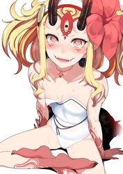  bare_shoulders blonde_hair collarbone commentary_request facial_mark fate/grand_order fate_(series) feet female flower forehead_mark hair_flower hair_ornament highres horns ibaraki_douji_(fate) ibaraki_douji_(swimsuit_lancer)_(fate) ibaraki_douji_(swimsuit_lancer)_(second_ascension)_(fate) indian_style legs long_hair miyamoto_issa nail_polish one-piece_swimsuit oni oni_horns sidelocks sitting strapless strapless_one-piece_swimsuit swimsuit toenail_polish toenails toes two_side_up white_one-piece_swimsuit yellow_eyes 