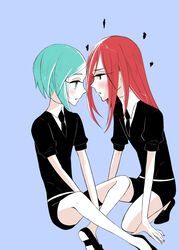  2others androgynous aqua_eyes aqua_hair ayahashi_(yaimu333) blue_background blush cinnabar_(houseki_no_kuni) commentary_request gem_uniform_(houseki_no_kuni) green_eyes green_hair houseki_no_kuni long_hair looking_at_another multiple_others necktie other_focus phosphophyllite red_eyes red_hair short_hair 