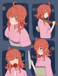  ahoge arashi_(kancolle) blue_background blush candy_apple clothes_grab commentary_request female food gun japanese_clothes kantai_collection kimono looking_at_viewer medium_hair messy_hair multiple_views obi over_shoulder pink_kimono red_eyes red_hair rifle sash sleeve_grab summer_festival tsurugi_(the_horizon) weapon weapon_over_shoulder yukata 