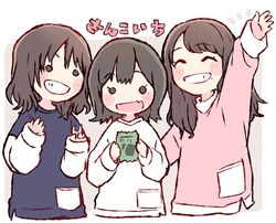  3girls :d ^_^ akb48 arm_up blue_shirt blush_stickers brown_hair chibi closed_eyes commentary_request grin holding katou_rena kizaki_yuria layered_sleeves long_hair long_sleeves looking_at_viewer mole mole_under_eye mole_under_mouth multiple_girls notice_lines o_o ooshima_ryouka open_mouth pink_shirt pocket real_life shirt short_hair short_over_long_sleeves short_sleeves smile taneda_yuuta upper_body v v-shaped_eyebrows white_shirt 