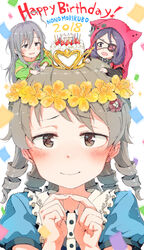  2018 3girls :d animal_hood belt belt_buckle birthday_cake black_belt black_shirt blue_shirt blush bow braid brown_eyes brown_hair buckle cake candle chains character_name closed_mouth commentary_request crescent eyepatch fingernails fingers_together flower food gomennasai green_shirt grey_hair hair_between_eyes hair_flower hair_ornament hairbow hands_up happy_birthday hayasaka_mirei heart highres hood hood_up hoshi_syoko idolmaster idolmaster_cinderella_girls index_fingers_together individuals_(idolmaster) jacket layered_sleeves long_hair long_sleeves looking_at_viewer mini_person minigirl morikubo_nono multiple_girls oerba_yun_fang on_head open_mouth pink_bow puffy_sleeves purple_hair red_jacket ringlets shirt short_over_long_sleeves short_sleeves side_braid single_braid smile wide_sleeves yellow_flower 