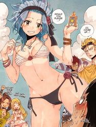  3girls 4boys arm_up bad_link black_hair blonde_hair blue_sky brown_hair cameltoe cana_alberona clenched_hand closed_eyes cloud cobra_(fairy_tail) covered_nipples dark_skin day fairy_tail from_below gajeel_redfox hair_bun happy_(fairy_tail) highres holding laxus_dreyar levy_mcgarden long_hair lotion_bottle lucy_heartfilia multiple_boys multiple_girls natsu_dragneel one_eye_closed outdoors pantherlily parted_lips pink_hair red_hair rusky scar scar_across_eye scar_on_face single_hair_bun sky source_request spiked_hair 