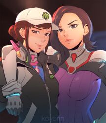  2girls alternate_hairstyle artist_name baseball_cap bodysuit breasts brown_eyes brown_hair commentary d.mon_(overwatch) d.va_(overwatch) english_commentary gloves hair_bun hat headphones headphones_around_neck highres jacket koyorin looking_at_viewer medium_breasts multiple_girls one-armed_hug overwatch overwatch_1 ribbed_bodysuit shooting_star_d.va single_hair_bun smile 