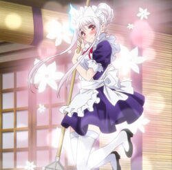  albino anime_screenshot apron blush female highres maid maid_apron maid_headdress mop red_eyes solo stitched thighhighs third-party_edit triangular_headpiece white_hair yunohana_yuuna yuragisou_no_yuuna-san 