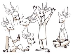  2019 4:3 anthro antlers bag barefoot biped blep bottle cheek_tuft closed_eyes clothed clothing container crossed_legs deer drunk facial_tuft feet fuel_(artist) greyscale half-closed_eyes head_tuft holding_object horn jewelry laugh looking_at_viewer male mammal micah_(fuel) monochrome multiple_poses narrowed_eyes necklace open_mouth open_smile pose raised_arm simple_background sitting smile solo substance_intoxication tongue tongue_out tuft white_background wristband 