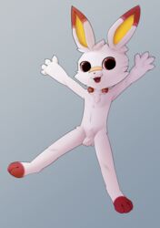  2019 anthro claws featureless_crotch fur generation_8_pokemon hi_res jumping lagomorph looking_at_viewer male mammal misleading_thumbnail navel nintendo nude open_mouth pokemon pokemon_(species) red_eyes scorbunny simple_background solo steel_cat young young_anthro young_male 