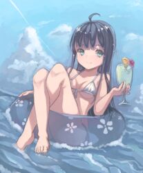  ahoge barefoot bikini black_hair blue_eyes blue_sky breasts cloud commentary_request cup day drinking_glass drinking_straw female flower food fruit full_body highres holding holding_cup ice ice_cube innertube long_hair looking_at_viewer nene_(atsushi_hamano) ocean orange_(fruit) orange_slice original outdoors see-through side-tie_bikini_bottom sky small_breasts solo summer swim_ring swimsuit very_long_hair white_bikini 