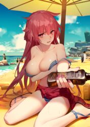  absurdres alternate_costume animal arm_under_breasts bare_legs bare_shoulders beach bikini bird blue_bikini blue_sky blunt_bangs blush bottle breast_hold breast_suppress breasts breasts_squeezed_together chinese_commentary cleavage cloud collarbone commentary_request day embarrassed female footprints girls&#039;_frontline hair_between_eyes hair_flaps highres holding holding_bottle large_breasts legs long_hair looking_at_viewer lotion multiple_others nail_polish ntw-20_(girls&#039;_frontline) ntw-20_(op._blazing_sun)_(girls&#039;_frontline) ocean official_alternate_costume open_mouth outdoors palm_tree penguin pink_eyes pink_hair reaching reaching_towards_viewer red_sarong rekaerb_maerd rock sand sandals sarong shade sitting sky strap_slip striped_bikini striped_clothes sunscreen sweat sweatdrop swimsuit thighs tree umbrella very_long_hair wariza water wet yellow_umbrella 