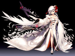  aircraft airplane alternate_hairstyle aono_meri azur_lane bad_id bad_pixiv_id blue_eyes blush breasts bride cleavage collarbone commentary_request dress female flight_deck floating_hair full_body grey_hair hair_ornament hand_on_own_chest head_tilt highres holding hood japanese_clothes jewelry kimono large_breasts long_hair looking_at_viewer mole mole_under_eye open_mouth ring sandals shoukaku_(azur_lane) sidelocks smile socks solo thighs uchikake wataboushi wedding_dress wedding_ring white_socks wide_sleeves wind wind_lift zouri 