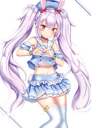  anchor_print animal_ears armpit_peek azur_lane bare_shoulders beret blue_choker blue_hat blue_skirt blush bow buttons choker collarbone commentary_request crop_top crop_top_overhang detached_sleeves feet_out_of_frame female frilled_cuffs frilled_sleeves frills hair_between_eyes hairbow hat heart heart_hands highres laffey_(azur_lane) laffey_(bunny_clerk?)_(azur_lane) layered_skirt light_purple_hair long_hair looking_at_viewer midriff miniskirt navel official_alternate_costume orange_bow parted_lips pleated_skirt rabbit_ears rabbit_tail red_bow red_eyes sailor_collar short_sleeves sidelocks skirt solo standing stomach tail thighhighs twintails very_long_hair wavy_hair white_background white_sailor_collar white_thighhighs wrist_cuffs yuano zettai_ryouiki 