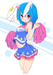  animal_ears blue_hair blue_shirt blue_skirt blush cheerleader commentary_request crop_top earclip female highres inon long_hair low_twintails midriff miniskirt navel open_mouth pom_pom_(cheerleading) protected_link rabbit_ears rabbit_tail red_eyes seiran_(touhou) shirt skirt sleeveless sleeveless_shirt solo tail touhou twintails 