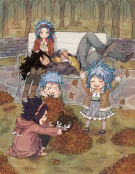  2boys 3girls :d arm_piercing arms_up autumn_leaves bad_link bench black_hair black_legwear blue_hair blush boots brown_eyes brown_footwear brown_headband chin_piercing closed_eyes coat collarbone crossed_legs day dress fairy_tail family full_body gajeel_redfox grey_dress grey_jacket grey_pants hand_on_another&#039;s_head headband holding_hands jacket jewelry levy_mcgarden long_sleeves lying multiple_boys multiple_girls necklace nose_piercing on_back open_clothes open_coat open_jacket open_mouth outdoors pantherlily pants piercing pleated_skirt print_dress purple_skirt red_coat rusky shirt short_dress short_hair skirt smile source_request squatting yellow_shirt 