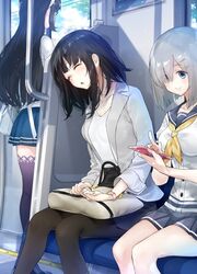  3girls alternate_costume alternate_legwear amami_amayu bag black_hair black_skirt blue_eyes blue_skirt blush breasts casual cellphone closed_eyes collarbone commentary glass grey_hair grey_jacket hair_ornament hair_over_one_eye hairclip hamakaze_(kancolle) handbag headband jacket kantai_collection large_breasts long_hair looking_outside multiple_girls ooyodo_(kancolle) open_clothes open_jacket open_mouth pantyhose pencil_skirt phone pleated_skirt school_uniform serafuku shirt short_hair sitting skirt sleeping smartphone smile striped_clothes striped_skirt takao_(kancolle) thighhighs train_interior watch white_headband white_shirt wristwatch 