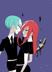  2others androgynous aqua_eyes aqua_hair ayahashi_(yaimu333) blue_background blush cinnabar_(houseki_no_kuni) commentary_request gem_uniform_(houseki_no_kuni) golden_arms green_eyes green_hair houseki_no_kuni long_hair looking_at_another multiple_others necktie other_focus phosphophyllite purple_background red_eyes red_hair short_hair 